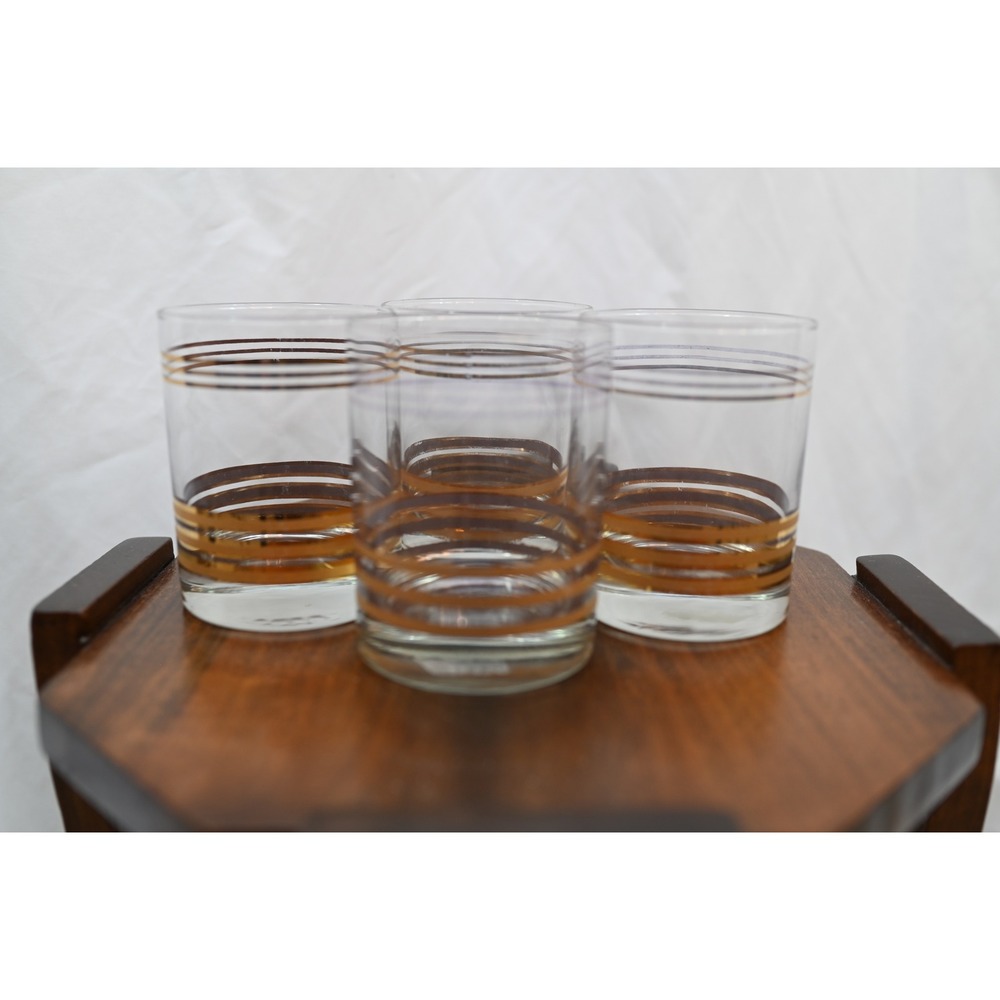 Vintage Mid Century Modern Highball Glasses Gold Banded Set of 4 MCM 4 Inch Tall